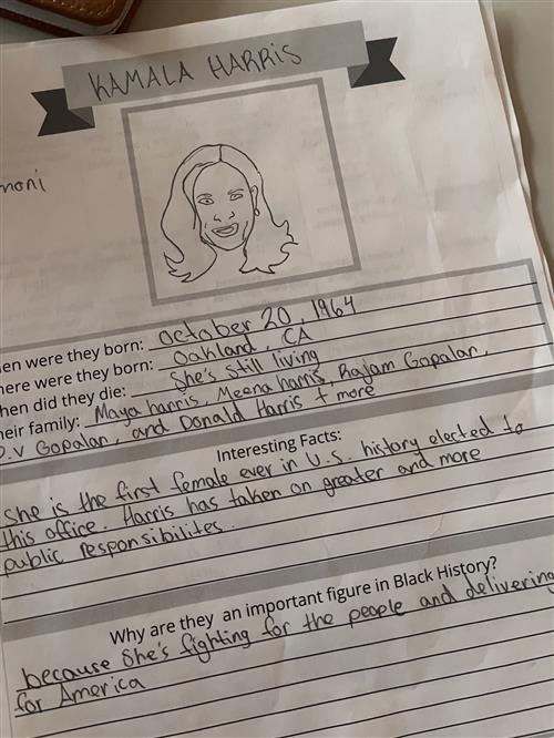Photo shows a student worksheet outlining biographical information about Kamala Harris.
